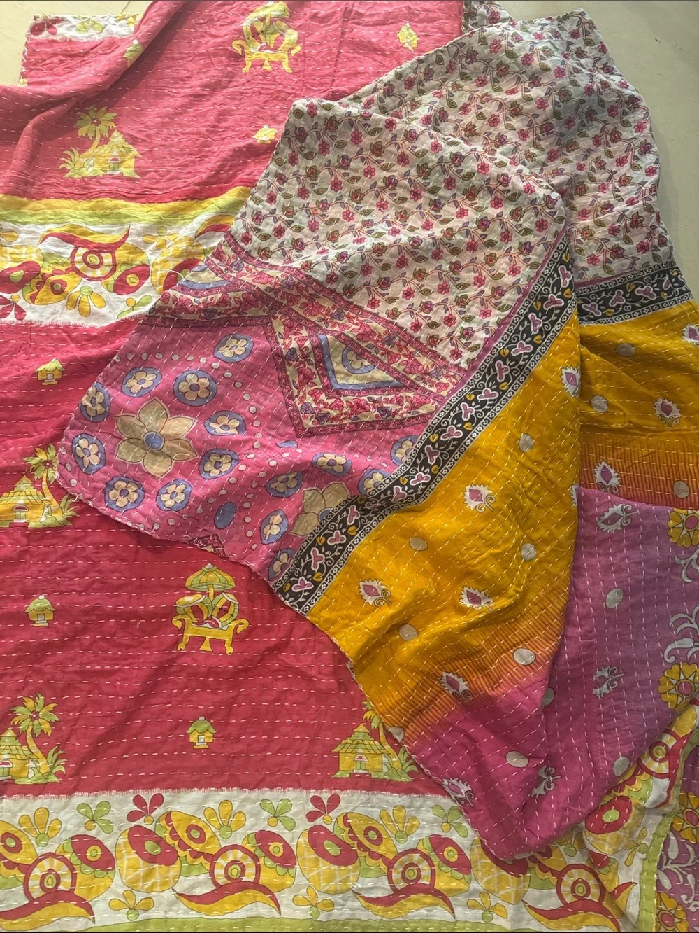 Kantha Quilt Reversible Pink, purple Yellow  - Lightweight Bedding/throw Vintage